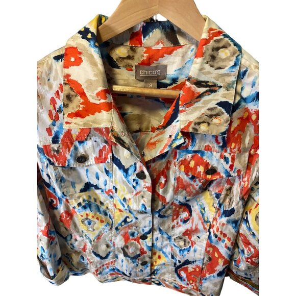 Chico's Colorful Artsy Button Up Denim Jacket Sz XL - Picture 4 of 7